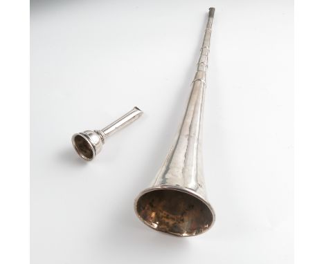 A silver hunting horn, af, marks rubbed, makers mark LE, length 12ins