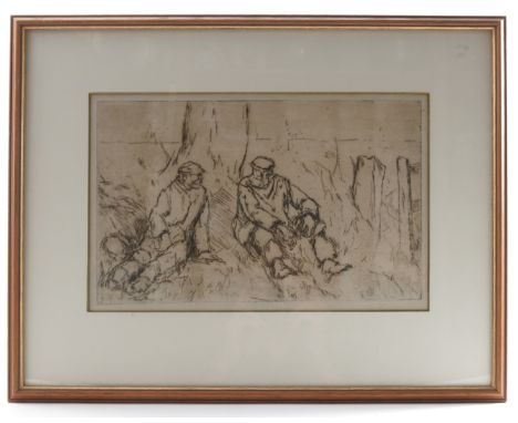Harry Becker, black and white etching, two men wearing flat caps seated chatting under a tree, 8ins x 12.5ins
