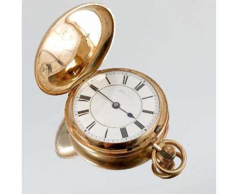 An 18 carat gold Hunter pocket watch, Chester 1889, the white enamel dial with black Roman numerals, blued steel hands, the f