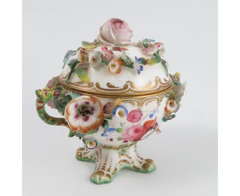 A 19th century English porcelain covered vase, the body and cover decorated with flowers and insects and encrusted with flowe