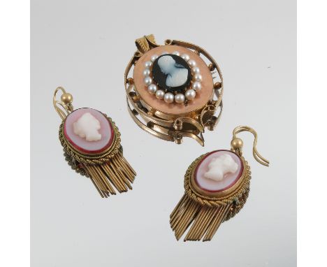 A 19th century cameo gilt metal brooch pendant, with a pair of 19th century paste cameo earrings with fringe drop below, and 