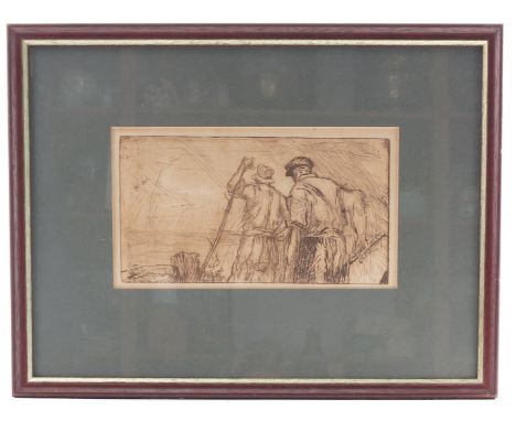 Harry Becker, black and white etching, two farm labourers wearing flat caps standing facing away, 5.5ins x 9.5ins