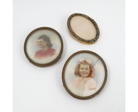H Harris, two oval portrait miniatures, of a woman and a girl, diameter 2.75ins and an oval gilt metal frame