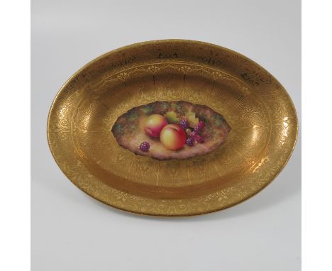 A Royal Worcester acid gilt oval dish, with blackberries and apples by Leaman, maximum diameter 10.75ins Condition report: Go