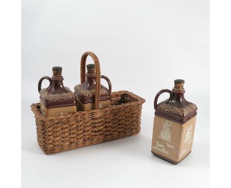 A set of three Doulton Lambeth stoneware flagons, of square form, the bodies decorated with hunting scenes, figures and build