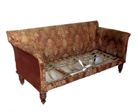 A 19th century sofa, with splayed arms, raised on short turned mahogany legs, width 78ins, depth 35ins