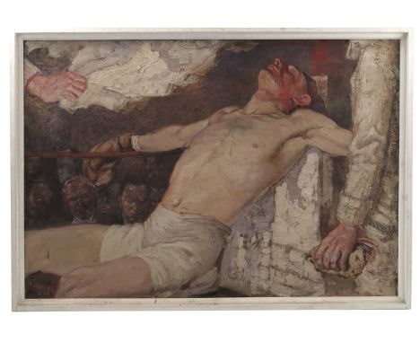 Richard E Clarke, oil on canvas, portrait of a boxer in between rounds in the corner of the ring, 19ins x 30ins Condition rep