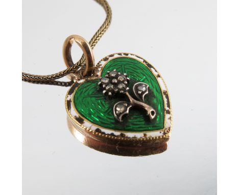 A late Victorian enamel and rose diamond heart pendant, the stone set forget me not against a green enamel ground with white 