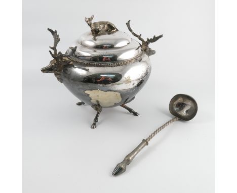 A silver plated covered tureen, the finial formed as a recumbent deer, the handles formed as stags heads, raised on deer legs