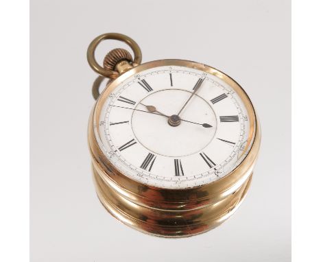 An 18 carat gold open faced pocket watch, with stop watch action, Chester 1989, the white enamel dial with sunken centre, bla