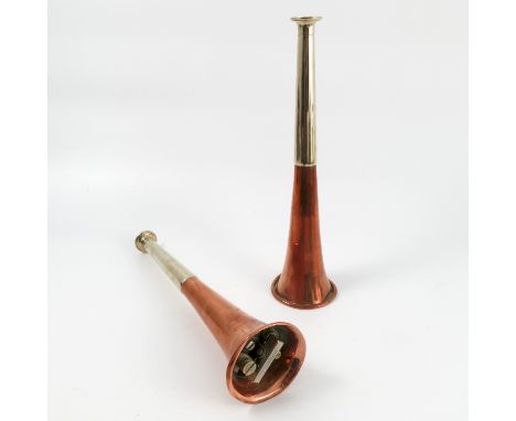 A silver plated and copper Dunhill table lighter, modelled as a hunting horn, height 9ins, together with another copper and s