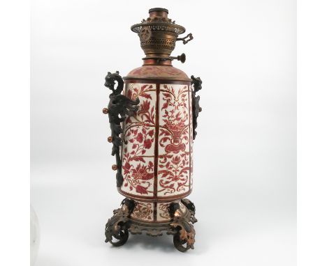 An Aesthetic style pottery and gilt metal oil lamp, with dragon handles, the body decorated with leaves and flowers, height 2