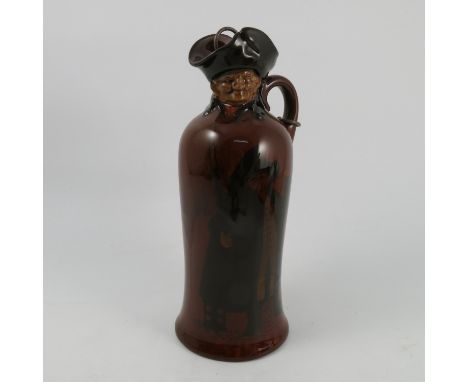 A Royal Doulton pottery Kingsware flask, the neck and spout modelled as the Watchman's head with hat and the brown glaze body