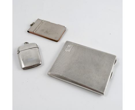 A silver cigarette case, with engine turning, engraved with initials, Birmingham 1917, weight 4oz, together with a hallmarked
