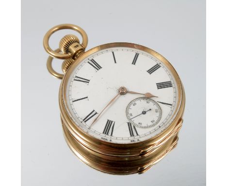 American Watch Co, an 18 carat gold open faced pocket watch, Birmingham 1883, the white enamel unsigned dial with black Roman