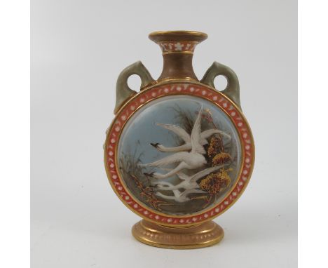 A Royal Worcester miniature pilgrim flask vase, decorated with swans by Baldwyn, shape number 845, 1900, restored, height 4.2