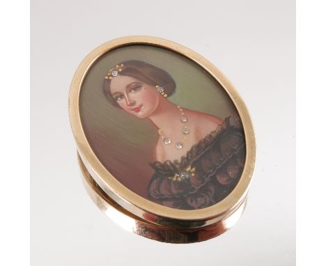 A 9 carat gold mounted miniature portrait brooch pendant, the portrait of a female with diamonds to her jewellery, 3.7cm by 2