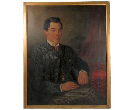 An English School oil on canvas, portrait of a seated man wearing a tweed jacket and waistcoat with watch chain and stripped 