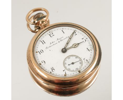 John Mason, Rotherham & Barnsley, a gilt metal open faced pocket watch, screw bezel access to the movement, white enamel dial