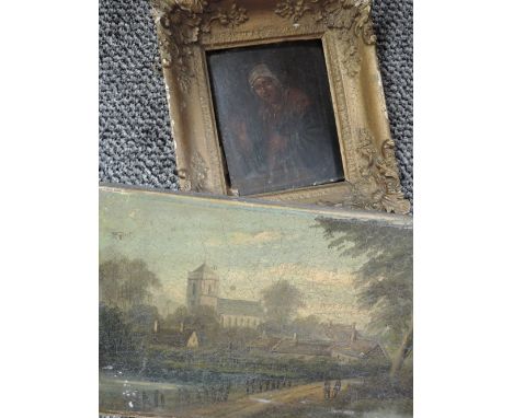 (19th century), an oil painting, portrait study, 14 x 11cm, part plaster frame, 23 x 20cm, and a (19th century) oil painting,