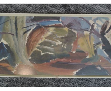 (20th century), a print, stylised landscape, 30 x 90cm, framed, 37 x 94cm