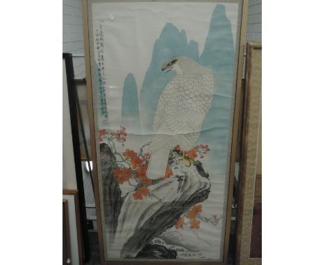 (20th century), a print, Chinese bird of prey, 133 x 66cm, framed and glazed, 137 x 71cm,