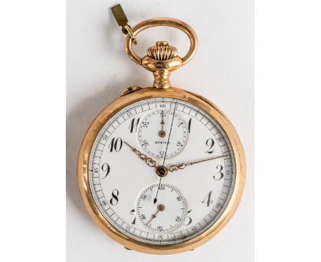 GOLDENER ZENITH CHRONOGRAPH Lépine-Gehäuse aus Gold, Wannenform, Marke "Zenith" Nr. 33716, russischer 56er Gold-Stempel (56-1