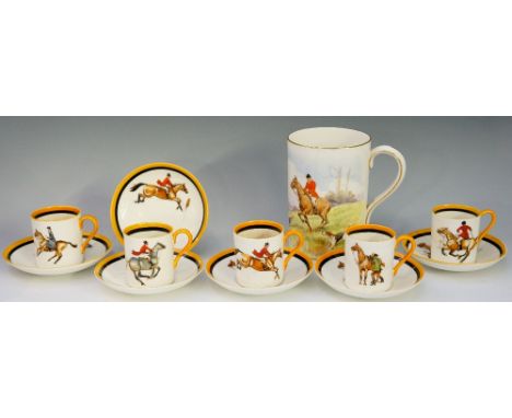 A Royal Worcester hunting pattern coffee service designed by H R Millais, variously decorated with huntsman on horses, compri