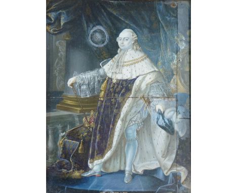 A fine portrait miniature of Louis XVI, full length standing before draped pillars and balcony, holding a scepter in his righ
