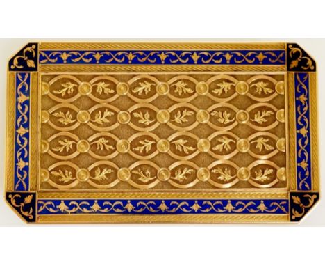 A Swiss rectangular two colour gold and blue enamel snuff box with canted corners, the hinged lid with four rows of leafage w