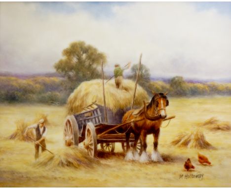 Milwyn Holloway - a Fine Art Ceramic Paintings plaque - Harvest Time with figures loading hay on back of a horse drawn cart, 