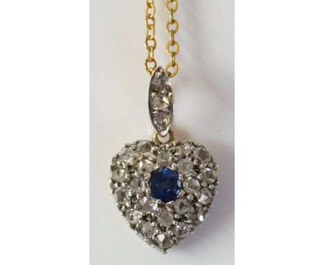 A diamond set heart shaped pendant with central sapphire brilliant, diamond set navette shaped suspension ring and fine link 