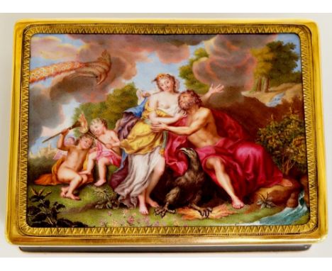 A fine gold and enamel mounted tortoiseshell snuff box, the lid inset with a rectangular miniature of Jupiter and Io, with ea