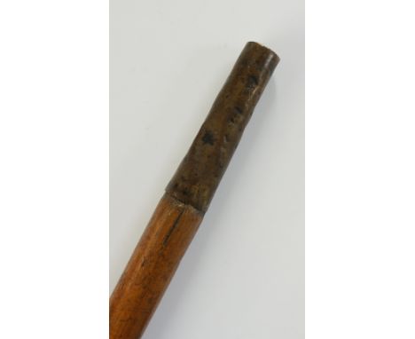 A Georgian Malacca walking stick with stained bone handle, eyelets, brass ferule, 86cm high (faults)