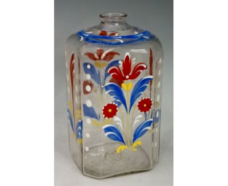 A 19th Century gin flask, polychrome enamelled with flower heads and leafage within white dot borders, 14cm high