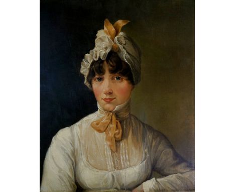 English School,  mid 19th Century - bust length portrait of a young woman wearing ribbon tied lace trimmed bonnet, oil on pan