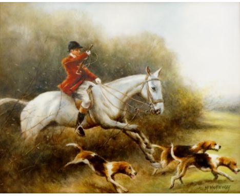 Milwyn Holloway - a Fine Art Ceramic Paintings plaque - Huntsman and Hounds, signed lower right, 19.5cm x 24.5cm, printed mar