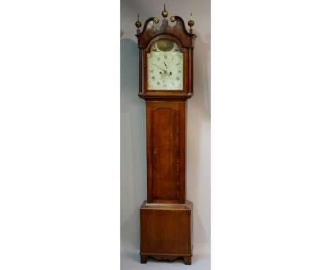 A George III oak cottage longcase clock the hood with swan neck pediment terminating in brass roundels with three ball and sp