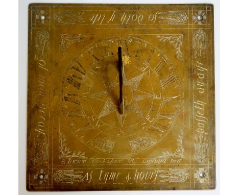 R. Dent - a square brass sundial, the plain gnomon set on an engraved register with Roman numerals within a border inscribed 