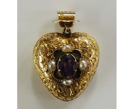 A Victorian foliate engraved heart shaped locket the centre with oval claw set amethyst within four natural pearls, glazed ba