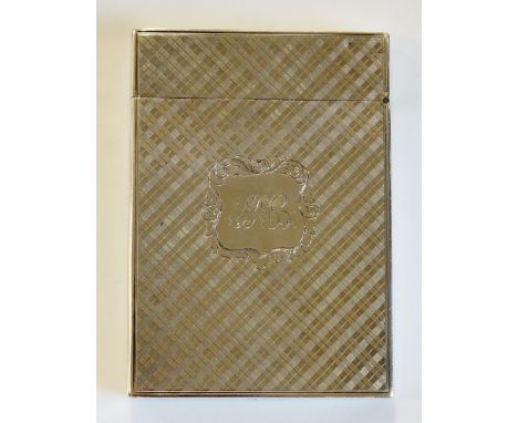 A Victorian shaped rectangular card case, the body engine turned and engraved with floral geometric design, the centre with p