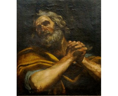 Guido Reni (after) - portrait of St Peter, oil on canvas, arched, 75cm x 62cm, framed (bearing old restorer's label verso, re