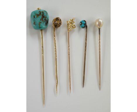 Five various stick pins one with turquoise nugget, another with leaf set seed pearls, another with diamond centred turquoise 