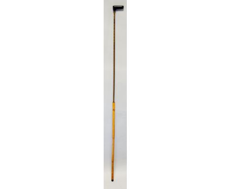 A horn handled walking stick, the bamboo shaft concealing a brass horse measuring stick, iron ferrule, 93.5cm high