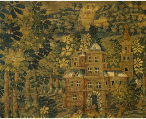 A 17th Century tapestry fragment worked in coloured wools with buildings and church in extensive forest landscape, 61cm x 76c