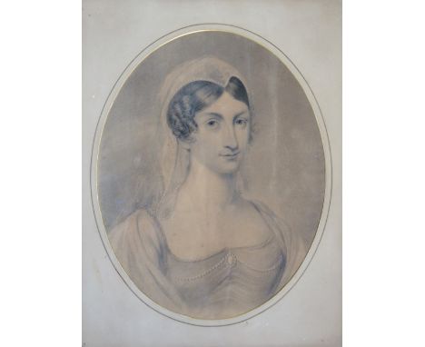 English School, mid 19th Century - head and shoulder portrait of a young woman wearing beaded head scarf, oval, pencil on buf
