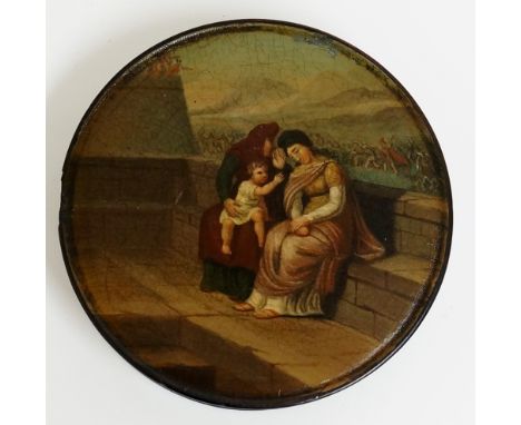 A 19th Century circular Stobwasser type snuff box and cover, the lid painted with woman, maid and child, an army behind, 10cm