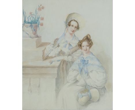 E. H. R. - full length portrait of two young women, one resting against a balustrade, the other seated holding her bonnet, wa