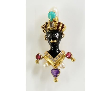 Georges Le Saché (1849 - ?) - a gold enamel and gem set moor's head brooch with decorated gem set turban, seed pearl earrings