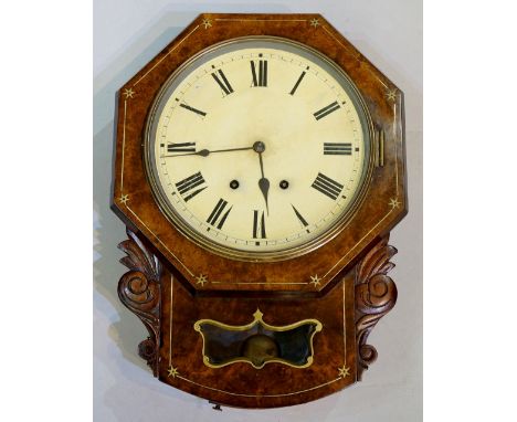 A Black Forest drop case wall clock the burr walnut veneered case brass inlaid with stars and stringing the cream enamel dial